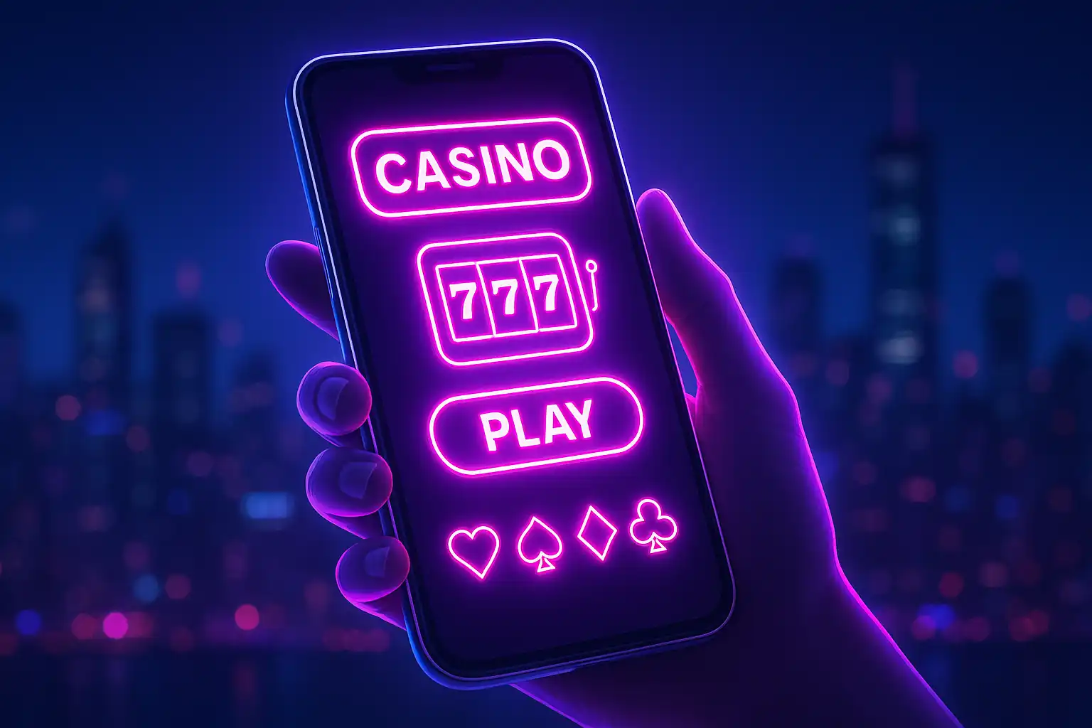 Smartphone displaying the glowing neon SansCasino app interface against a city skyline