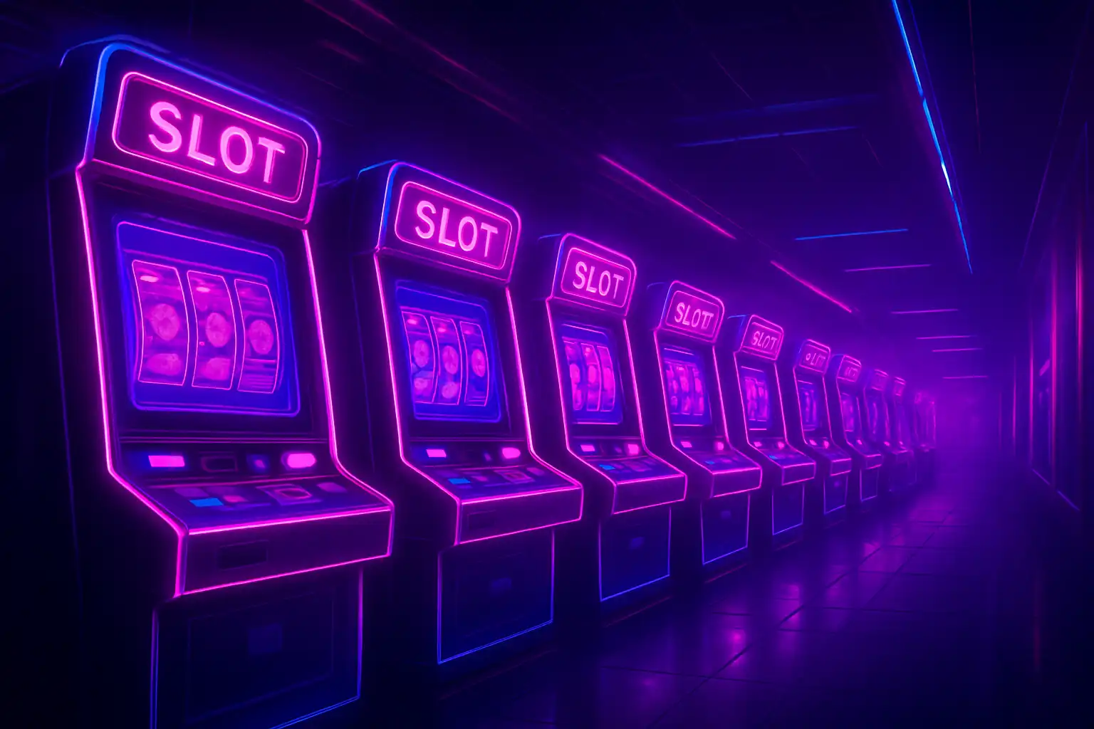 Neon arcade row of glowing slot machines in a purple night cityscape